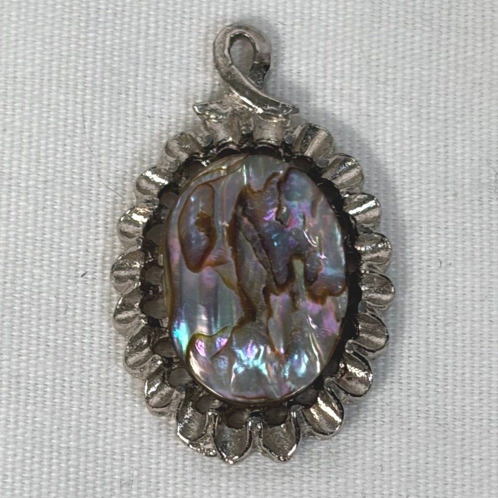 Vintage Silver Tone Abalone Shell Oval Pendant Iridescent Boho Charm
